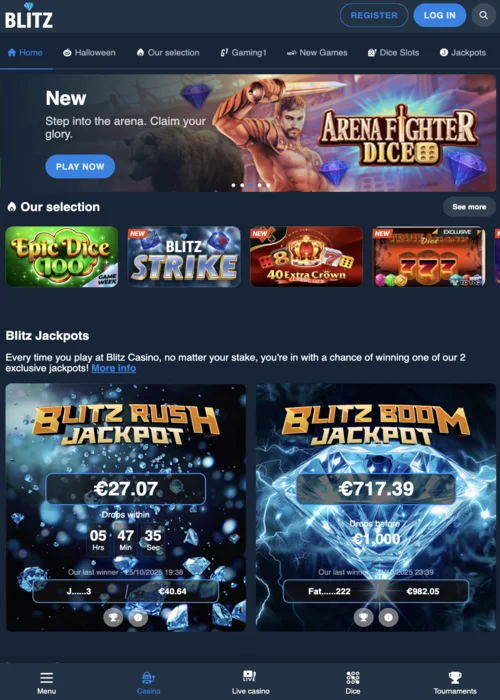 Welkom bij Blitz Casino hoofdpagina met live casino games en tafelspellen