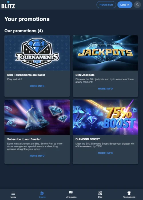 Blitz Casino bonus pagina met welkomstbonussen en dagelijkse promoties
