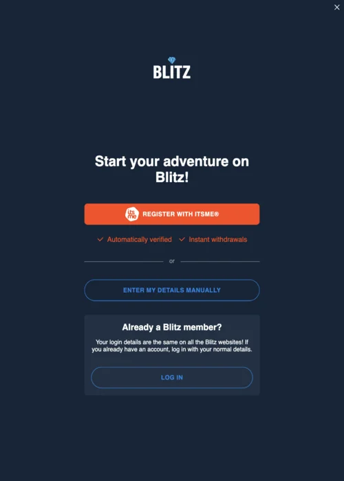 Blitz Casino registratie pagina om gratis account aan te maken